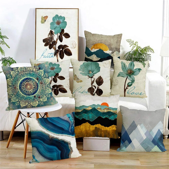 Decorative Cushion Covers Waterproof 45 X 45, Pack Of 4 Outdoor Indoor Pillow Covers, Geometric Blue Pillow Cases Teal For Bench Sofa Living Room Deco