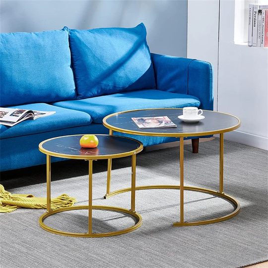 Black Marble-Like Round Coffee Table For Living Room Set Of 2 Nest Of Sofa Side End Table Wood Table With Metal Frame Accent Corner Small Space Office