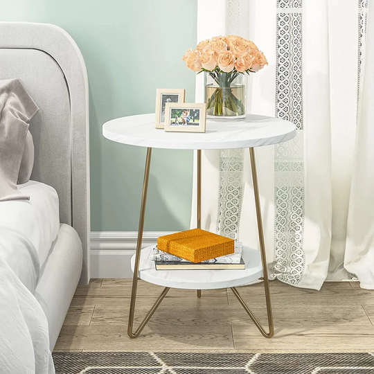 Faux Marble End Table, 2 Tier Round Side Table With Shelves, Modern Gold Nightstand Bedside Table Small Coffee Accent Table For Living Room Bedroom, W