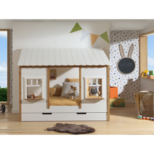 Country house bed with roof, lying surface 90 x 200 cm, incl. slatted frame and bed drawer, design part solid pine, colour oak/white