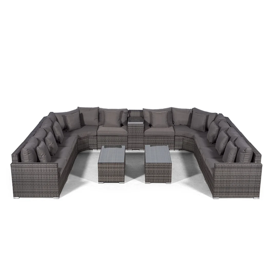 Villasenor Grey Rattan U Shape 10 Seat Sofa With 2 X Rectangle Coffee Table + Drinks Cooler, Outdoor Patio Garden Furniture