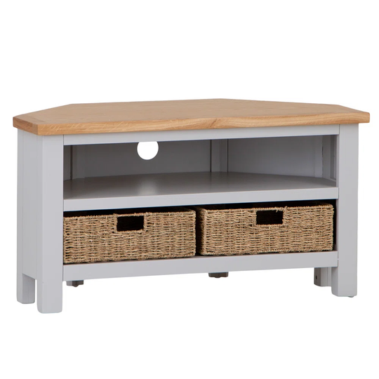 Assembled Corner TV Unit With 2 Wicker Baskets - Light Grey