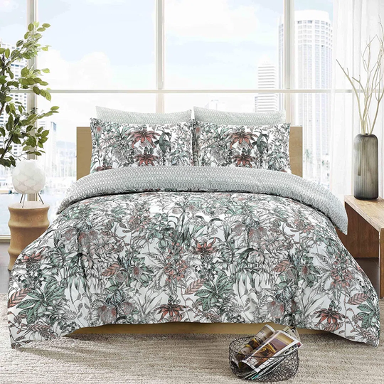 NightComfort Floral & Leaf Plant Cotton Rich Duvet Cover Set with Pillowcase