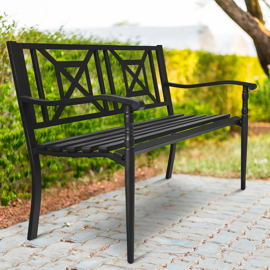 Patio Garden Bench Heavy-Duty Park Bench W/ Powder Coated Steel Frame