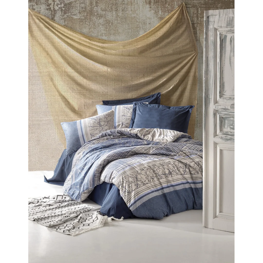 Laurentis Grey/Blue 100% Cotton Reinforce 145 TC Duvet Cover Set