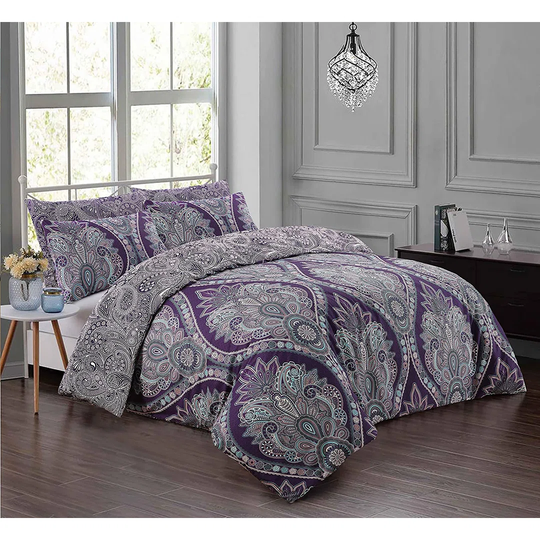 NightComfort Purple Feather Boho Chic Cotton Rich Duvet Cover Set with Pillowcase