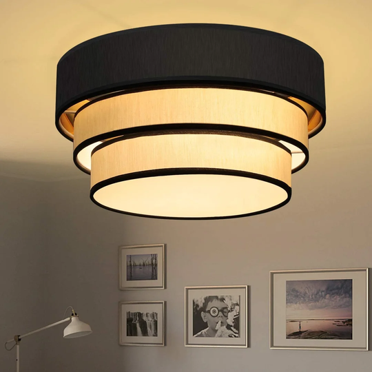 Ivy Bronx Round Ceiling Light 40Cm Living Room Ceiling Lamp Modern Fabric Lampshade In Cream And Black For Bedroom And Dining Room Fabric Lamp Textile