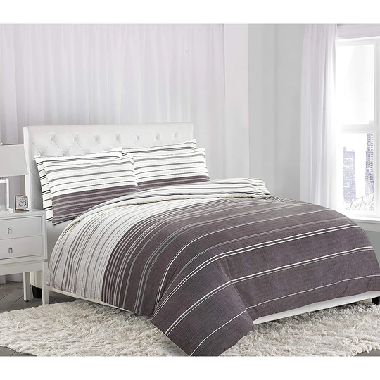 NightComfort Grey & Cream Striped Modern Cotton Rich Duvet Cover Set with Pillowcase