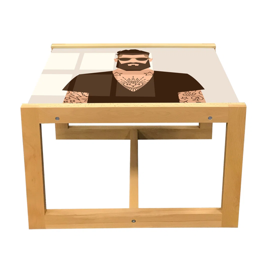 Young Man Coffee Table, Illustration Of Cartoon Hipster Character With Sunglasses Tattoos, Acrylic Glass Center Table With Wooden Frame For Offices Do