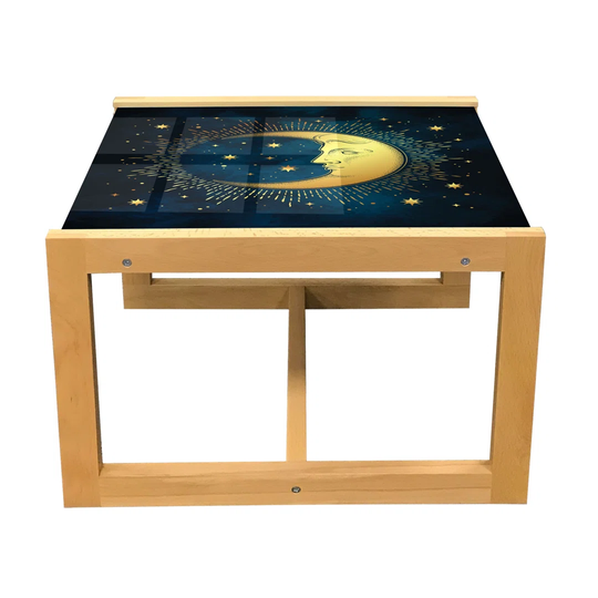 Celestial Coffee Table, Crescent And Antique Style Rays, Acrylic Glass Center Table With Wooden Frame For Offices Dorms Teal Coffee