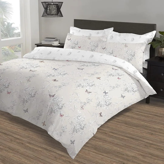 NightComfort Floral Butterflies Beige Cotton Rich Duvet Cover Set with Pillowcase