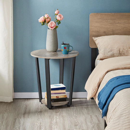 Round Side Table, Industrial Nightstand Sofa End Table With 2 Storage Shelves, Stable Bedside Table With Metal Frame For Living Room Home Office Bedro