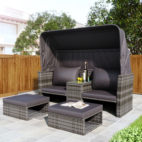 Patio Wicker Furniture Set, Outdoor Rattan Garden Sofa Set With Retractable Canopy, Middle Table, Ottoman, Cushion; PE Rattan Loveseat For Backyard/Ga