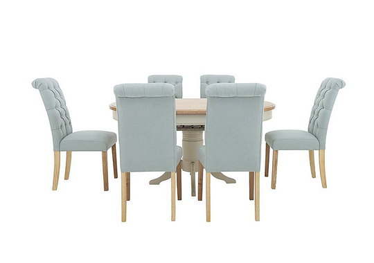 Furnitureland - Angeles Round Extending Dining Table and 6 Button Back Dining Chairs - Blue