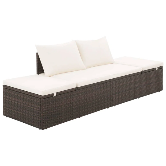 Outdoor Lounge Bed With Cushion & Pillows Poly Rattan Brown