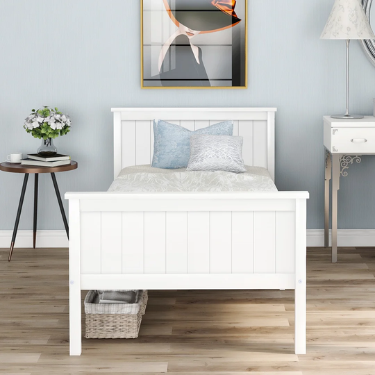 Wooden Bed Frame With Headboard And Footboard, Pine Wood Bed For Kids Bedroom, Ivory
