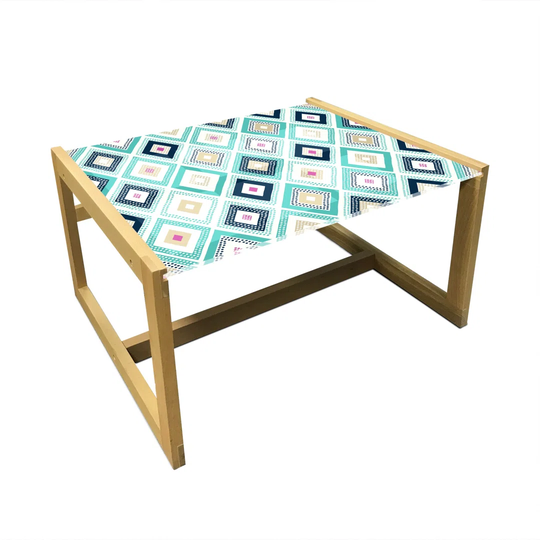Turquoise Coffee Table, Dots Doodle Rhombus Diamond Shapes Colorful Geometrical Pattern Art, Acrylic Glass Center Table With Wooden Frame For Offices