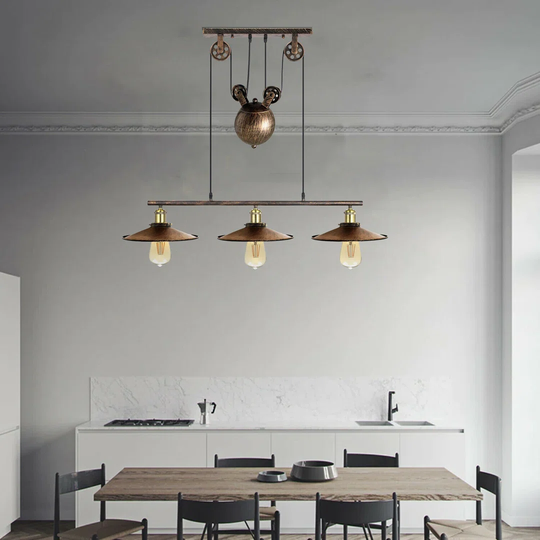 Anila Industrial Vintage Ceiling Pendant Pulley Pipe Lights Brushed Copper Hanging Triple Island Lamp