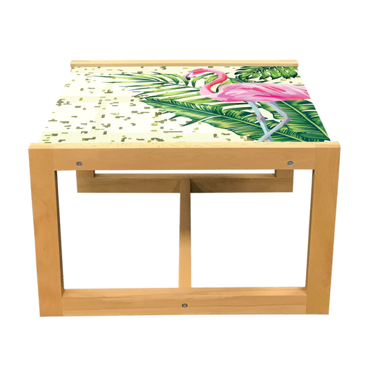 Bird Print Coffee Table, Summer Art Flamingo On Tropical Leaves With Minimal Geometric, Acrylic Glass Center Table With Wooden Frame For Offices Dorms
