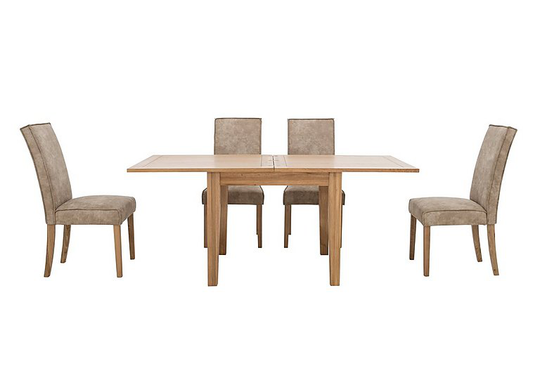 Furnitureland - California Flip Top Solid Oak Extending Table and 4 Faux Suede Chairs - Beige