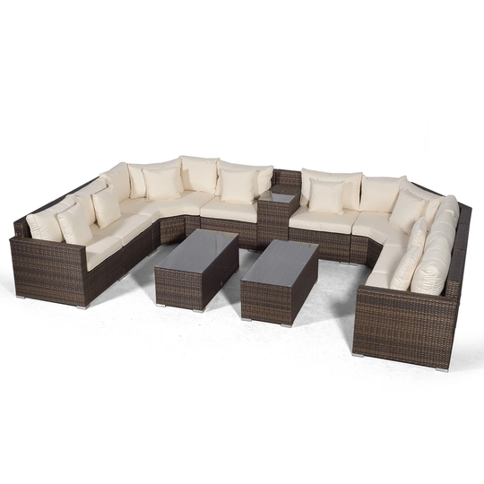 Villasenor Brown Rattan U Shape 8 Seat Sofa With 2 X Rectangular Coffee Table & Drinks Cooler, Outdoor Patio Garden Furniture