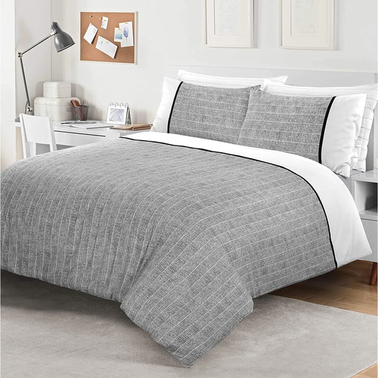 NightComfort Grey and White Smart Striped Printed Cotton Rich Duvet Cover Set with Pillowcase