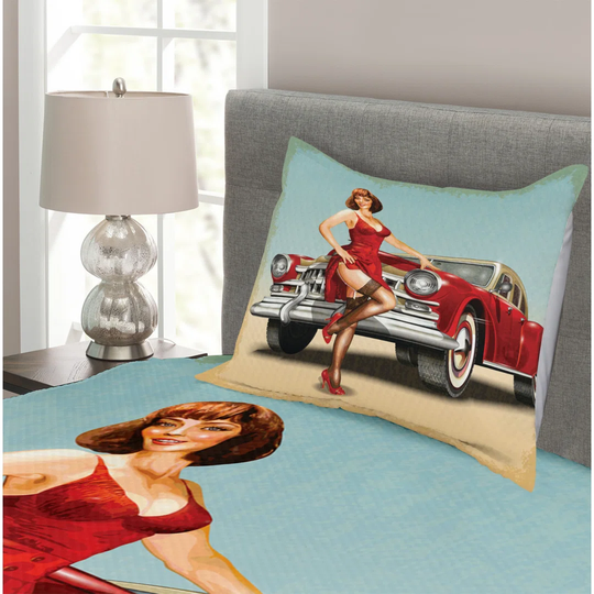 Pin Up Girl Bedspread, Short Dutch Haircut Style Brunette Lady Standing In Front Of A Car, Decorative Quilted Piece Coverlet Set With Pillow Sham, Siz