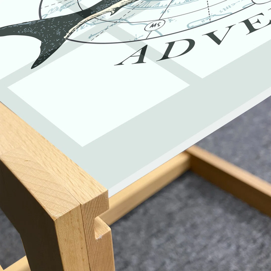 Blue Nautical Coffee Table, We Live For Adventure Marine Calligraphy With A Shark, Acrylic Glass Center Table With Wooden Frame For Offices Dorms Pale