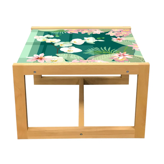 Orchids Coffee Table, Print Of Tropical Bouquets Botanical Flourish Essence Of Jungle, Acrylic Glass Center Table With Wooden Frame For Offices Dorms
