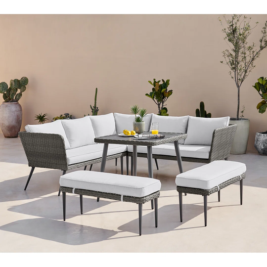 Modern Boho Garden Outdoor 9 Seat Dining Table and Corner Sofa with 2 Benches