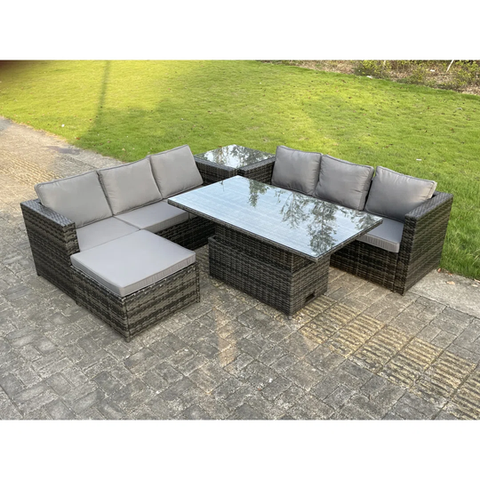 Outdoor Rattan Garden Furniture Corner Sofa Rising Table Footstool Dark Gey