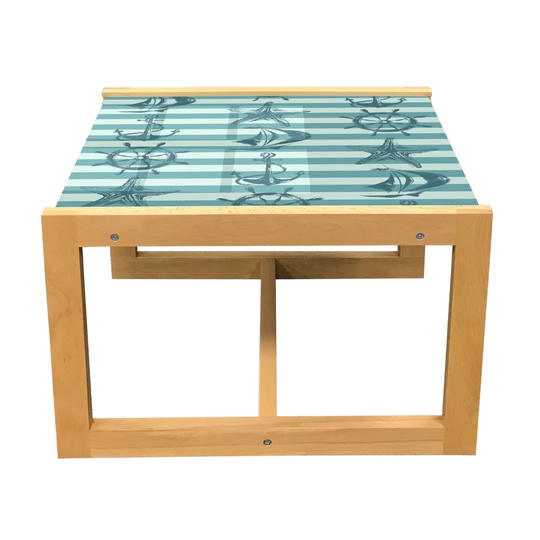 Ships Wheel Coffee Table, Retro Marine Pattern With Ship Wheel Anchor And Starfish On Striped Background, Acrylic Glass Center Table With Wooden Frame