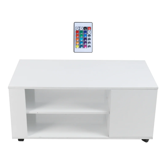 Movable Single Door Double Coffee Table Tea Table Desk With LED For Living Room (White )