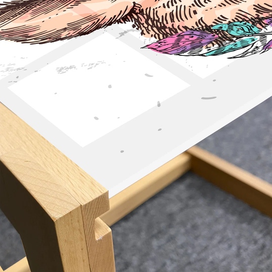 Farm Animal Coffee Table, Abstract Sketch Of Pig Portrait With Colorful Bohemian Style Feathers, Acrylic Glass Center Table With Wooden Frame For Offi