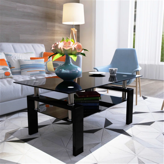 Rectangular Metal Frame Black Glass Transparent Double Layer Coffee Table, Modern Living Room Side Table