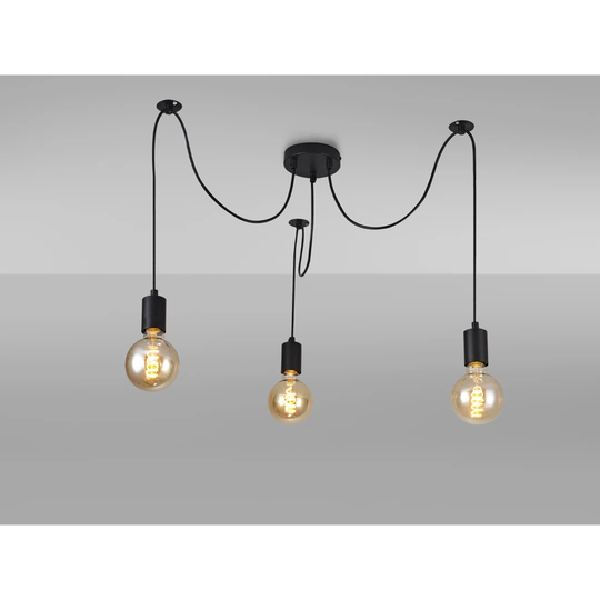 Dreifa 2M Pendant, 3 Light Black/Black Cable, E27 Max 60W, C/W Distribution Box & Cable Support Brackets