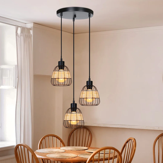 Bay Isle Home Vintage Pendant Rattan Dining Table Hanging Lamp 3 Light E27 Max. 25W Kitchen Lamp Black Metal Bamboo Lampshade