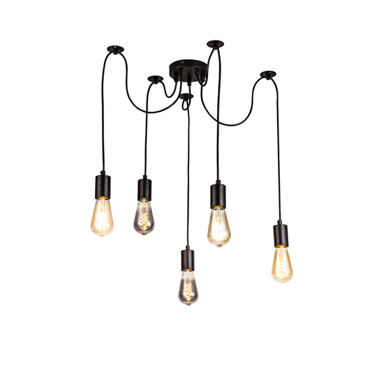 Dreifa 2M Pendant, 5 Light Black/Black Cable, E27 Max 60W, C/W Distribution Box & Cable Support Brackets