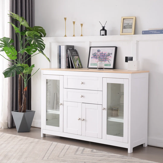 Sideboard Weißes Sideboard Mit Holzmaserung Und Glastür Mit Zwei Schubladen
