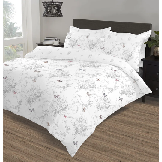 NightComfort Floral Butterflies White Cotton Rich Duvet Cover Set with Pillowcase