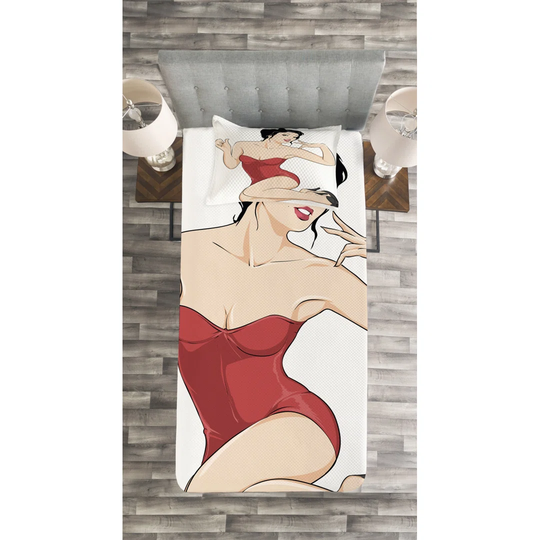 Pin Up Girl Bedspread, Pale Skin Posing Brunette Lady In Strapless Bathing Suits, Decorative Quilted Piece Coverlet Set With Pillow Sham, Size, Beige