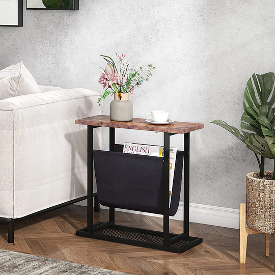 Narrow Side Table With Fabric Storage Organizer Holder, Small Sofa End Table, Bedside Slim Side Tables For Living Room, Bedroom, Space Saving, White