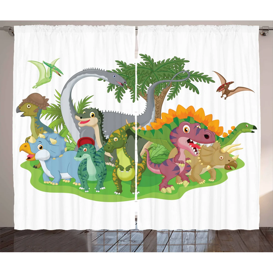 Cartoon Group Dinosaur Friendship Humor 2 Piece Room Darkening Curtain Set