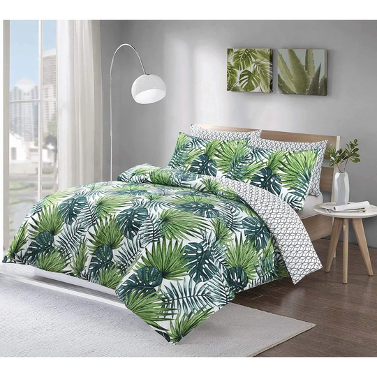 NightComfort Palm Leaf Green Cotton Rich Duvet Cover Set with Pillowcase