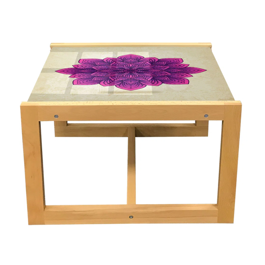 Lotus Coffee Table, Geometric Digital Mandala In Vibrant Tones Graphic, Acrylic Glass Center Table With Wooden Frame For Offices Dorms Eggshell Fuchsi
