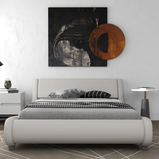 ?new?double Bed Pu Platform Bed Frame,upholstered Bed,with Curved Headboard,modern Leather Deluxe Solid Bed Frames,strong Wooden Slats Support, No Box