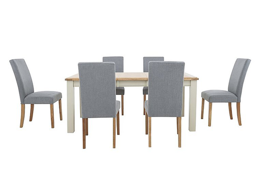 Furnitureland - Angeles Rectangular Extending Dining Table and 6 Fabric Dining Chairs in Nickel - Grey
