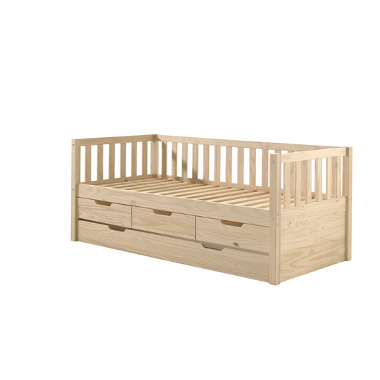The Fritz Bunk Bed features three drawers and a roll -out slatted frame. It includes a bed drawer and a white lacquered finish