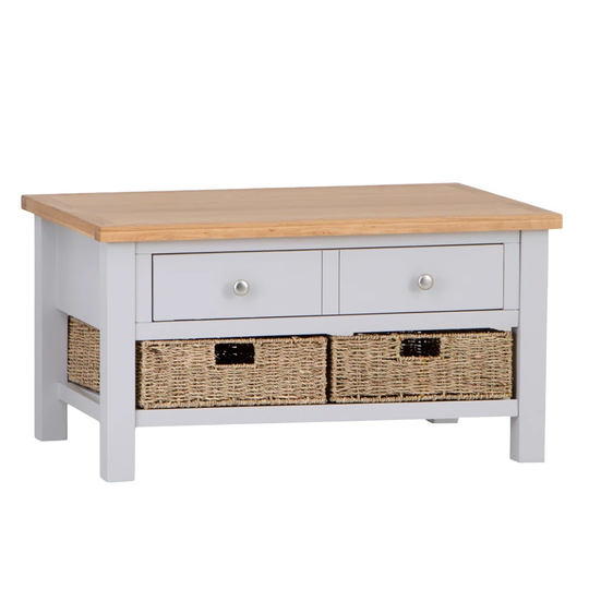 1 Drawer Coffee Table With 2 Wicker Baskets Light Grey