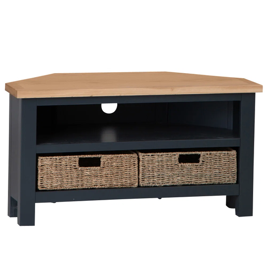 Assembled Corner TV Unit With 2 Wicker Baskets - Blue